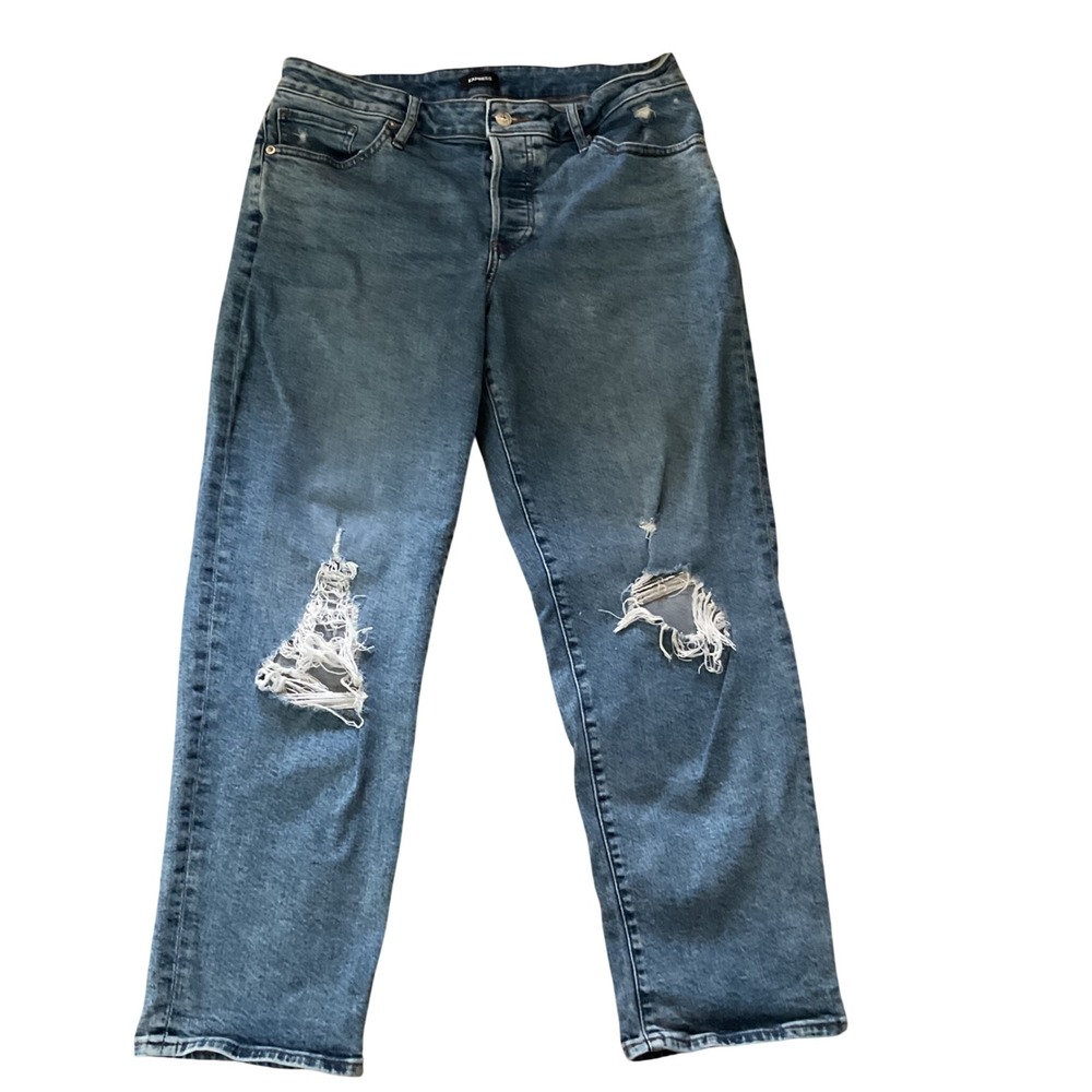 Express‎ Boyfriend Mid Rise Distressed Ripped Jeans Medium Wash Button Fly 12R